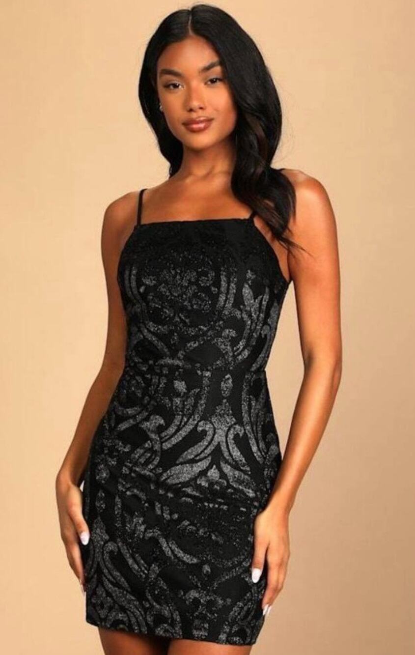 Lulus SMALL Black Velvet Silver Damask Tie-Back Sexy Bodycon Mini Dress NWT
